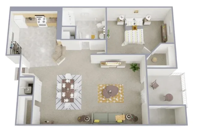 Charming 3D floor plan with elegant open dining and living area, cozy bedroom, modern kitchen, and inviting patio.