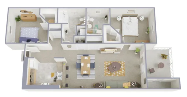 Contemporary floor plan featuring 2 bedrooms, open-concept living and dining area, modern kitchen, and a charming balcony.