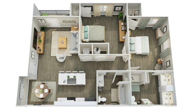 3D floor plan featuring two bedrooms, open living room, modern kitchen, and two bathrooms with contemporary design.