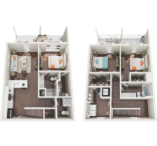 Modern 3D floor plan of a two-story apartment featuring two bedrooms, cozy living room, stylish kitchen, and spacious bathrooms with private balcony access.