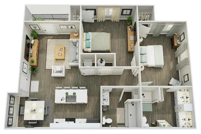 Beautifully designed 2-bedroom apartment floor plan with open-concept living and dining area, modern kitchen, and spacious bathrooms.