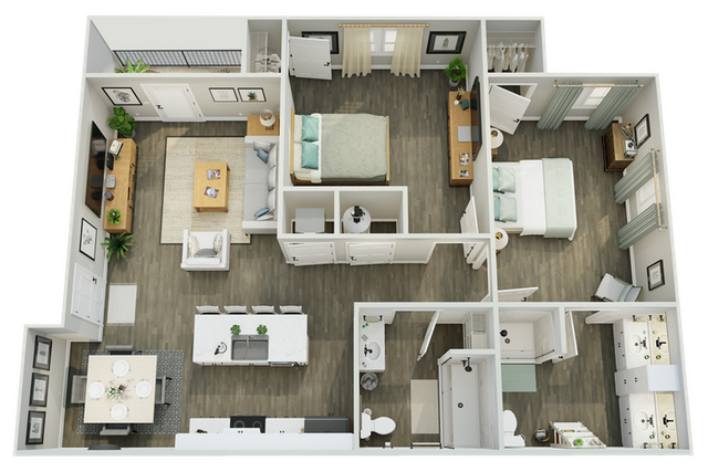 Charming apartment floor plan showcasing 2 spacious bedrooms, modern open-concept living area, sleek kitchen with island, and two elegant bathrooms.