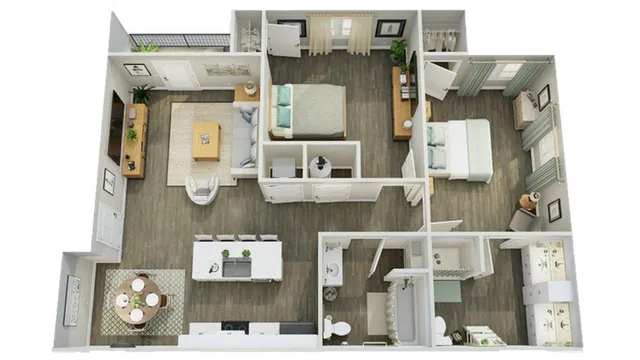 Contemporary 3D floor plan featuring two spacious bedrooms, modern kitchen with island, cozy living area, and elegant bathrooms.