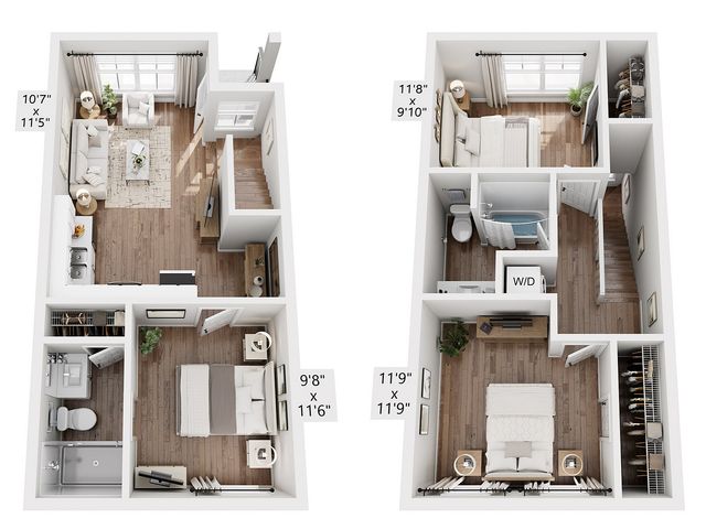 Sleek two-story floor plan showcasing 2 bedrooms, cozy living area, modern kitchen, and elegant bathrooms in a compact design.
