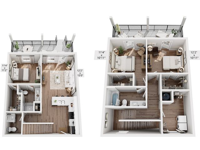 Elegant 3D floor plan featuring an open-concept living area, modern kitchen, and three cozy bedrooms, ideal for stylish living.
