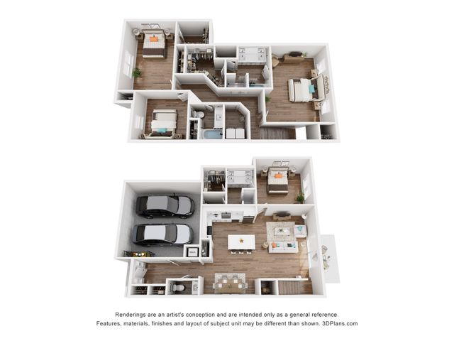 3D floor plan displaying a two-story layout with three bedrooms, open kitchen, garage, and living areas.