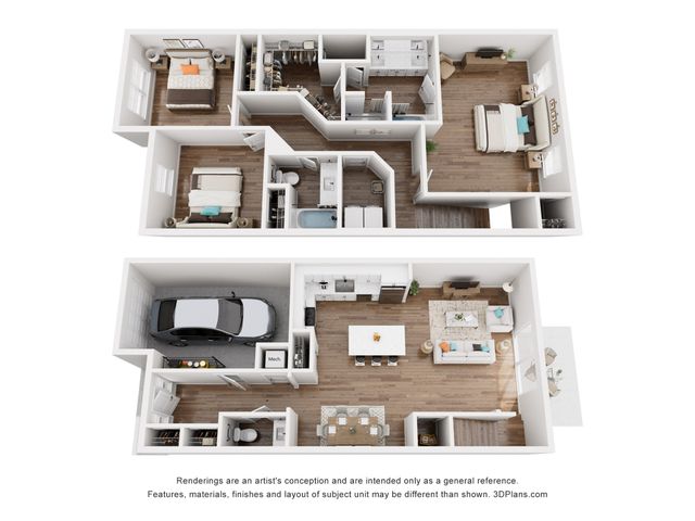 Modern 3D floor plan showcasing a stylish three-bedroom apartment with a spacious open-concept living and dining area, kitchen with island, and attached garage.