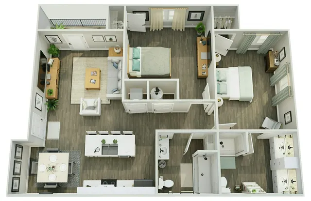 Modern 3D floor plan featuring two spacious bedrooms, an open living room, stylish kitchen, dining area, and sleek bathrooms.
