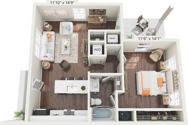 Bright and airy one-bedroom apartment floor plan with a spacious living area, modern kitchen island, cozy bedroom, and private balcony.