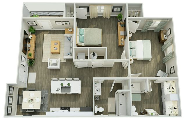 Modern 3D floor plan showcasing two bedrooms, a stylish open-concept living room, a sleek kitchen with island seating, and two elegant bathrooms.