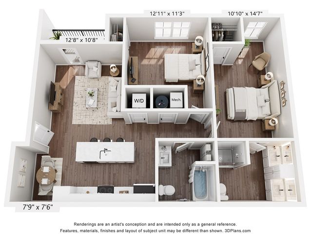 2 bedroom 2 bathroom floor plan for the B2.