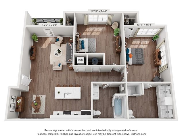 Modern 3D floor plan showcasing a stylish apartment with 2 spacious bedrooms, open-concept living area, and sleek kitchen, adorned with contemporary finishes.
