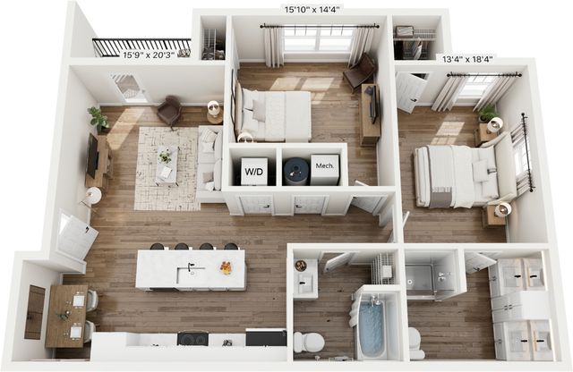 Modern 3D floor plan showcasing a sophisticated 2-bedroom apartment with open-concept living and dining area, stylish kitchen island, and convenient in-unit laundry amenities.