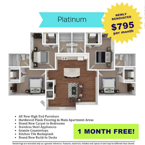Platinum apartment floor plan showcasing newly renovated, stylish layout with 3 bedrooms, 2 bathrooms, central living area, and gourmet kitchen. Features include all new high-end furniture and hardwood plank flooring. Affordable luxury at $795 per month, with 1 month free offer.