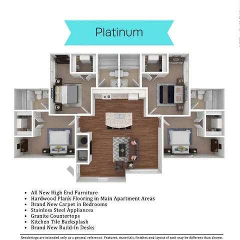 Elegant Platinum floor plan featuring 4 bedrooms and 4 bathrooms, open-concept living space with premium hardwood plank flooring, and a modern kitchen with stainless steel appliances and granite countertops.