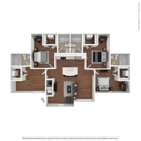 Modern 3D floor plan showcasing 3 bedrooms, open-concept living area, elegant kitchen, and stylish bathrooms.