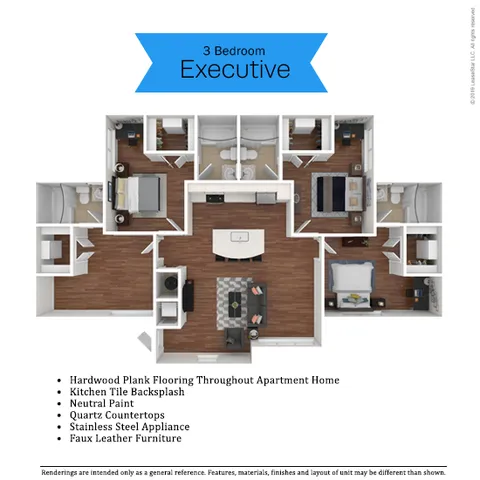 Executive 3-bedroom floor plan with open living area, modern kitchen, and upscale finishes. Features hardwood flooring, stainless steel appliances, and quartz countertops. Ideal for luxury living.