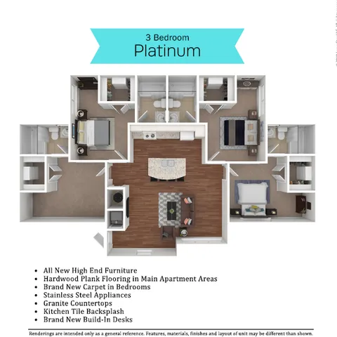 Elegant 3-bedroom Platinum floor plan featuring an open-concept kitchen and living area, modern stainless steel appliances, hardwood plank flooring, and luxurious carpeting in bedrooms.