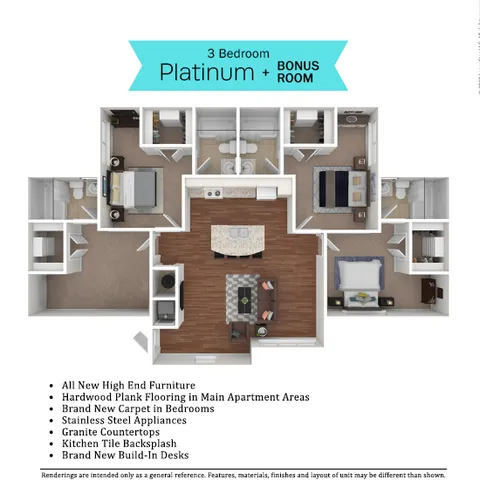 Chic 3-bedroom floor plan with bonus room, spacious kitchen, and modern living area in Platinum design.