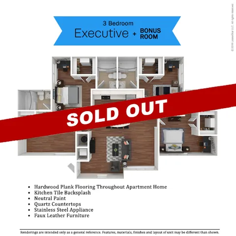 Executive 3-bedroom floor plan with bonus room, showcasing hardwood plank flooring, a modern kitchen with quartz countertops, and spacious living areas. Includes features like stainless steel appliances and faux leather furniture. Sold out status displayed.