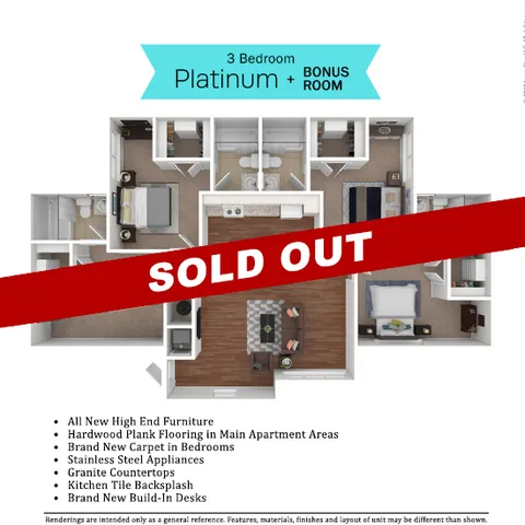 Elegant 3-bedroom platinum floor plan with bonus room, featuring modern kitchen, open living area, and premium furnishings.