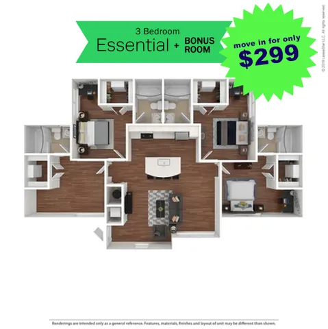 Modern 3D floor plan showcasing 3 bedrooms and a bonus room with elegant wooden flooring, open living space, and stylish layout for just $299.