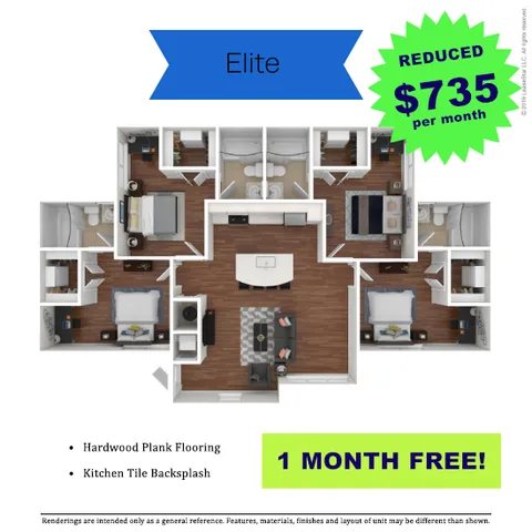 Elite apartment floor plan featuring three bedrooms with modern design, spacious living area, and elegant kitchen. Enjoy hardwood plank flooring and kitchen tile backsplash with rent reduced to $735 per month, plus 1 month free!