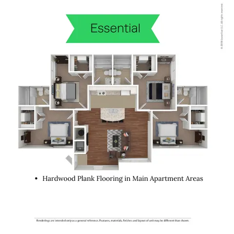 Essential floor plan showcasing 3 bedrooms, open dining area with hardwood plank flooring, and a modern kitchen layout.