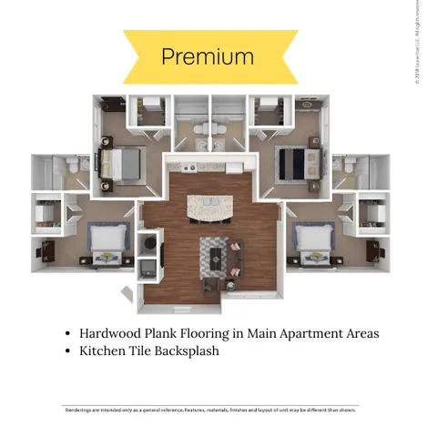 Premium floor plan showcasing spacious living area, three bedrooms, and modern kitchen with hardwood plank flooring and tile backsplash.