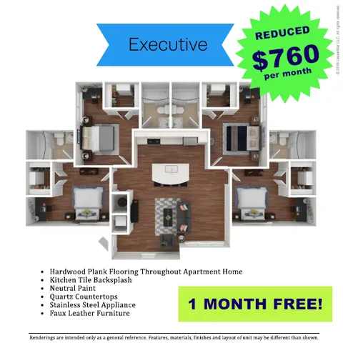 Executive floor plan with five bedrooms, modern open-concept living area, and spacious kitchen; features include hardwood plank flooring, quartz countertops, and stainless steel appliances. Special offer: Rent reduced to $760 per month with 1 month free.