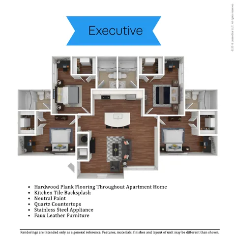Executive floor plan showcasing three bedrooms, expansive living area, and modern kitchen; includes hardwood plank flooring, quartz countertops, and stainless steel appliances.