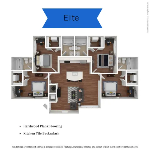 Elite 3D floor plan featuring four elegant bedrooms, a modern open-concept living area, and a stylish kitchen with hardwood plank flooring and kitchen tile backsplash.