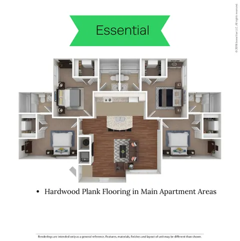Essential floor plan showcasing a modern 3-bedroom layout with a central open kitchen and hardwood plank flooring.