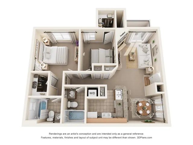 Modern 3D floor plan showcasing two cozy bedrooms, a chic living room with fireplace, a well-equipped kitchen with a bar, and a stylish dining area, complete with two bathrooms and a laundry unit.