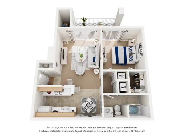 Inviting 3D floor plan featuring a cozy living room, a sleek kitchen, a comfortable bedroom, and a balcony with natural lighting.