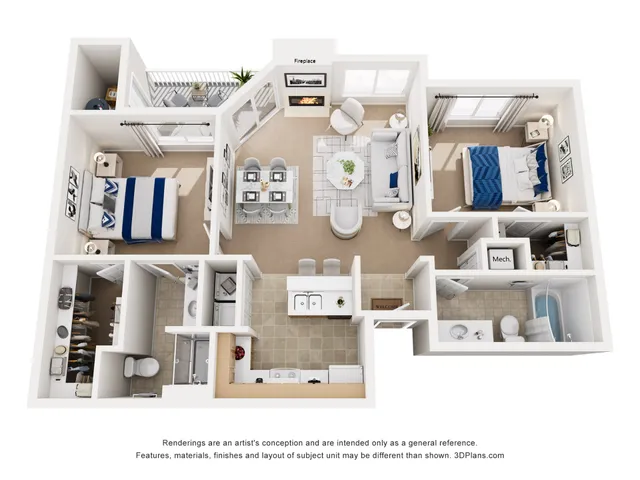 Inviting 3D apartment floor plan showcasing 2 spacious bedrooms, a cozy living room with a fireplace, and an elegant dining area. Features an open kitchen, two modern bathrooms, and a private balcony for relaxation.