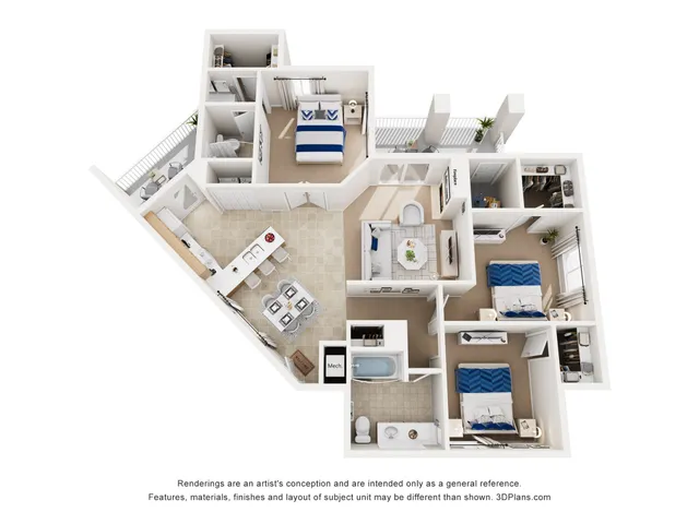 Modern 3D floor plan showcasing 3 bedrooms, a sleek open kitchen with island seating, and a cozy living area leading to a private balcony.
