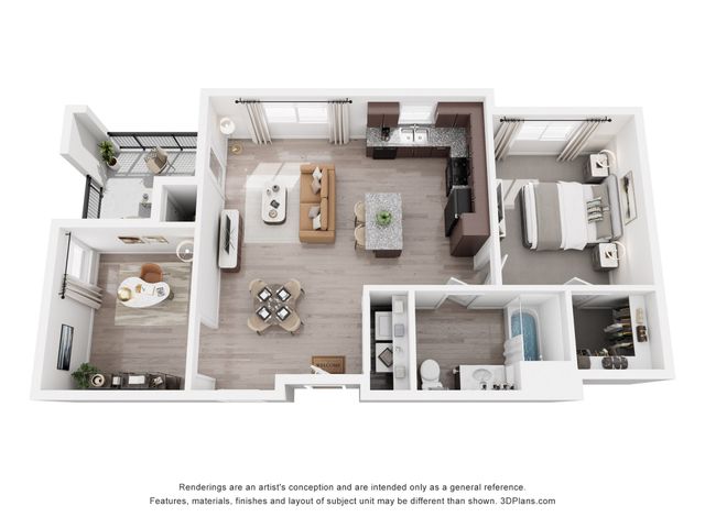 Modern 3D floor plan showcasing an elegant apartment with one bedroom, open-concept kitchen, cozy living area, dedicated workspace, and a private balcony.