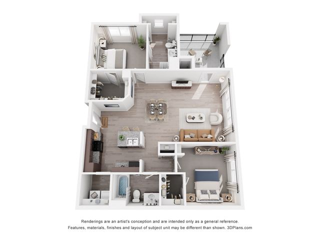 Modern 2D floor plan depicting a luxurious apartment with 2 bedrooms, a stylish open-concept living room, gourmet kitchen, and a private balcony.