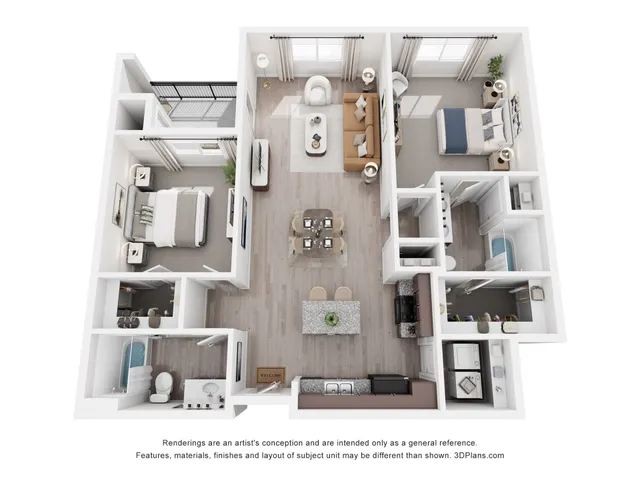 Modern 3D floor plan showcasing two stylish bedrooms, a cozy living area, gourmet kitchen, and two elegant bathrooms, designed for comfort and luxury.