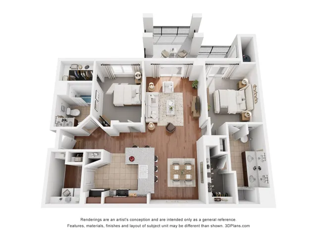 Modern 3D floor plan featuring two spacious bedrooms, an open-concept living room with balcony access, a stylish kitchen with island, and two luxurious bathrooms.