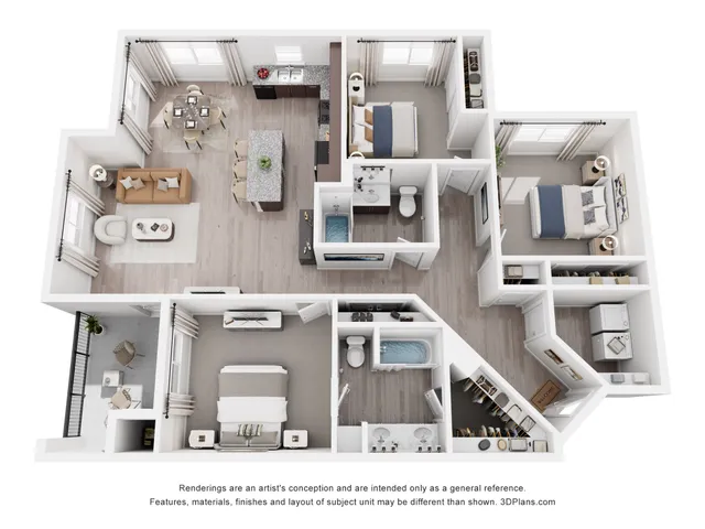 Contemporary 3D floor plan featuring 3 bedrooms, an open kitchen with island, stylish living and dining areas, and two modern bathrooms.