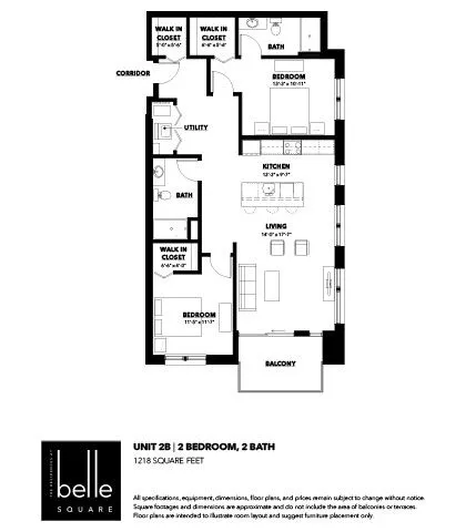 Chic 2-bedroom, 2-bathroom floor plan featuring a modern kitchen, spacious living area, and a cozy balcony in a 1218 sq ft unit.