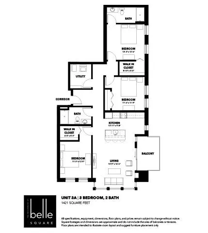 Modern floor plan for Belle Square Unit 3A featuring 3 bedrooms, 2 bathrooms, and a spacious living room with balcony, 1421 sq ft.