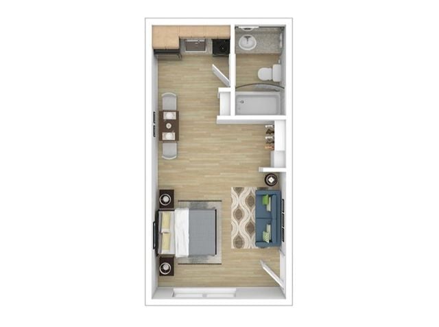 Modern studio apartment floor plan showcasing an open-concept living and sleeping area with a compact kitchen, cozy dining space, and stylish bathroom.