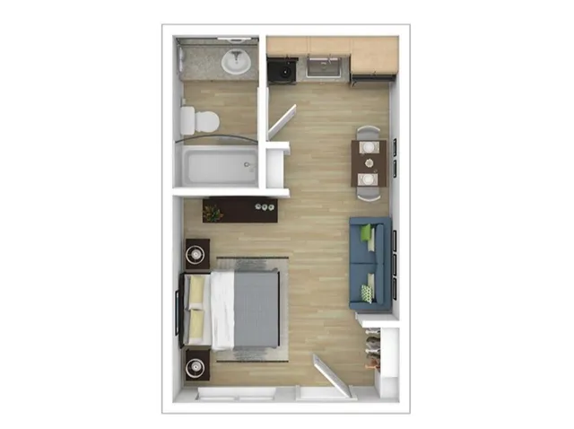 Chic studio apartment floor plan featuring an open layout with a cozy bedroom, modern kitchenette, and stylish living area.