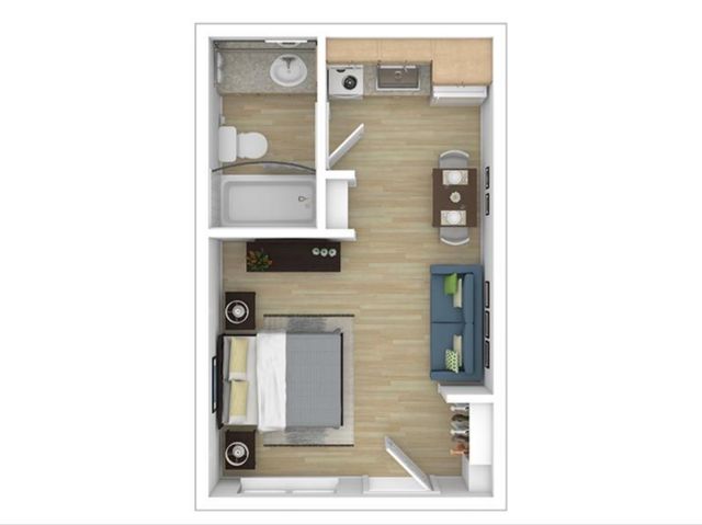 Chic studio apartment floor plan showcasing a cozy bedroom area, open-concept living space, modern kitchen with dining, and sleek bathroom.