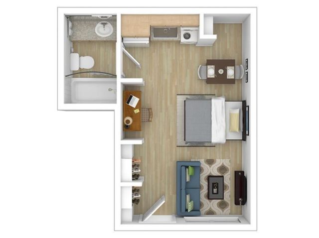 Contemporary studio apartment floor plan featuring an open-concept design with a cozy living area, sleek kitchen, modern dining space, and elegant bathroom.