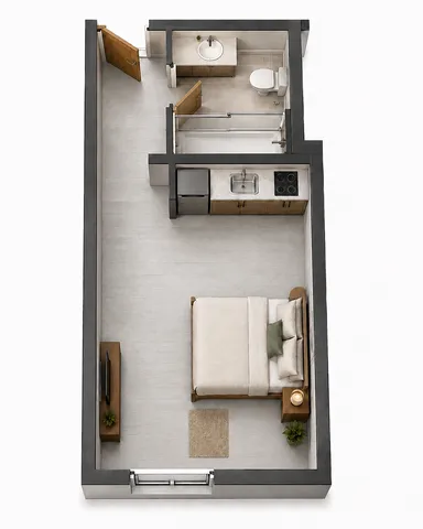 Cozy studio floor plan showcasing a modern kitchen, comfortable sleeping area, and a chic bathroom.