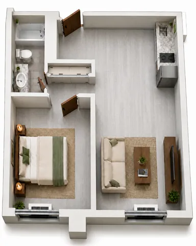 Modern floor plan showcasing a cozy 1-bedroom apartment with an inviting living area, sleek kitchen, and stylish bathroom.